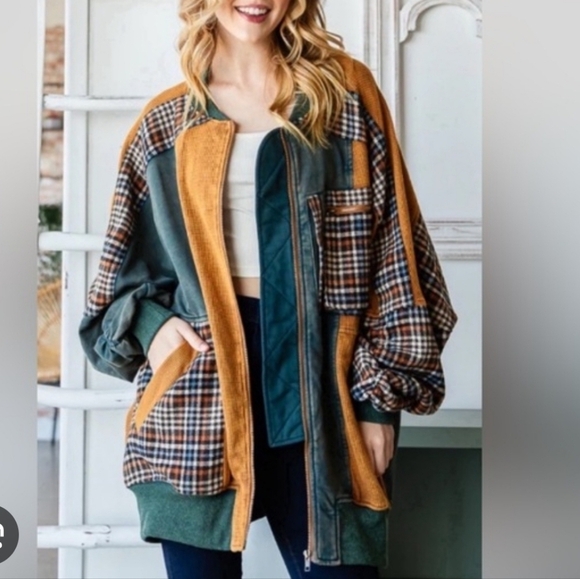 Oli & Hali Jackets & Blazers - Oli & Hali Caramel Mineral Washed Waffle Relaxed Plaid Bomber Jacket Large